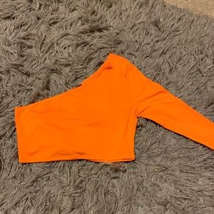 Neon orange one shoulder crop tee